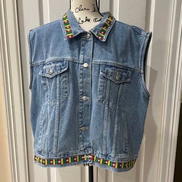 DENIM VEST Y2K 90’s COLORFUL EMBROIDERED Sz 22W BIKER ROCK HIPPIE AESTHETIC - Picture 13 of 14